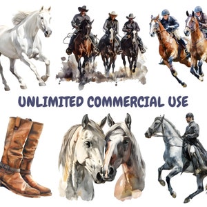 Op de afbeelding: Waterverfillustraties van paarden en ruiters. Afbeeldingen omvatten een wit paard, cowboys te paard, ruiters, een paar paardenkoppen en bruine leren cowboylaarzen. Tekst luidt "ONBEPERKT COMMERCIEEL GEBRUIK."