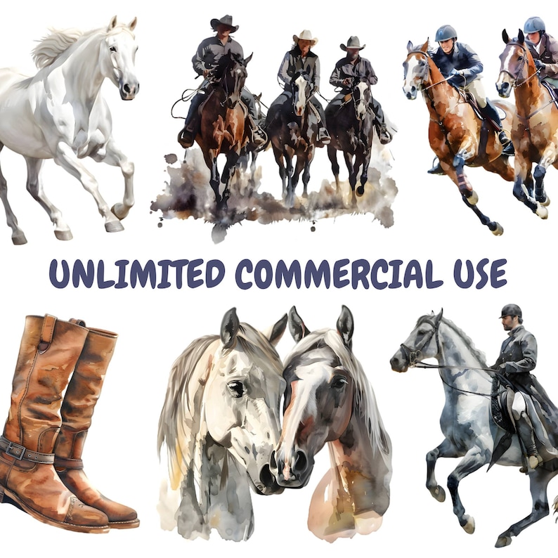Op de afbeelding: Waterverfillustraties van paarden en ruiters. Afbeeldingen omvatten een wit paard, cowboys te paard, ruiters, een paar paardenkoppen en bruine leren cowboylaarzen. Tekst luidt "ONBEPERKT COMMERCIEEL GEBRUIK."