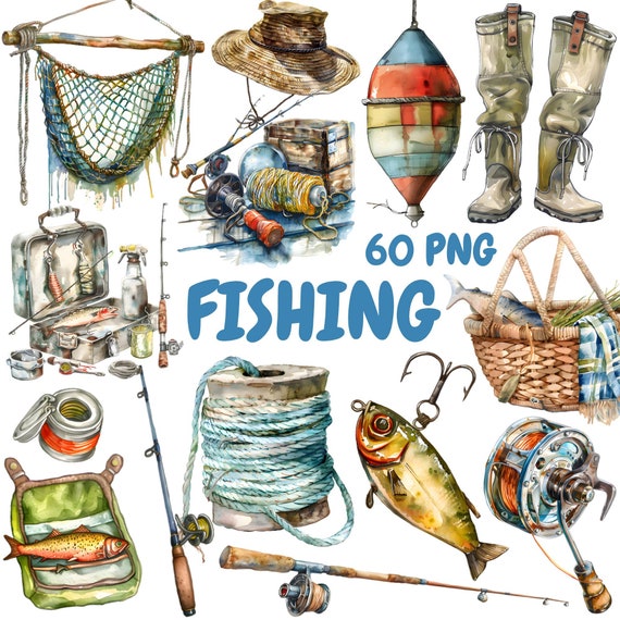 Watercolor Fishing Clipart Bundle, Fishing Rod Clipart, Fishing Illustrations, Transparent PNG Graphics, Commercial Use