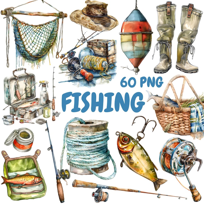 May include: A watercolor illustration of fishing equipment, including a fishing rod, reel, net, tackle box, lures, and a fish. The illustration is in a vintage style and features a variety of colors, including blue, green, brown, and red. The text "60 PNG FISHING" is also included in the image.