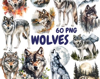 Watercolor Wolves Clipart Bundle, Woodland Animal Clipart, Wolf Illustrations, Transparent PNG Graphics, Commercial Use