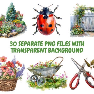 Pu&ograve; includere: Un set di 30 illustrazioni ad acquerello di elementi da giardino, tra cui una coccinella, un carretto pieno di fiori, un cancello da giardino, un cesto di fiori e un paio di forbici da giardino. Le illustrazioni hanno uno sfondo bianco.