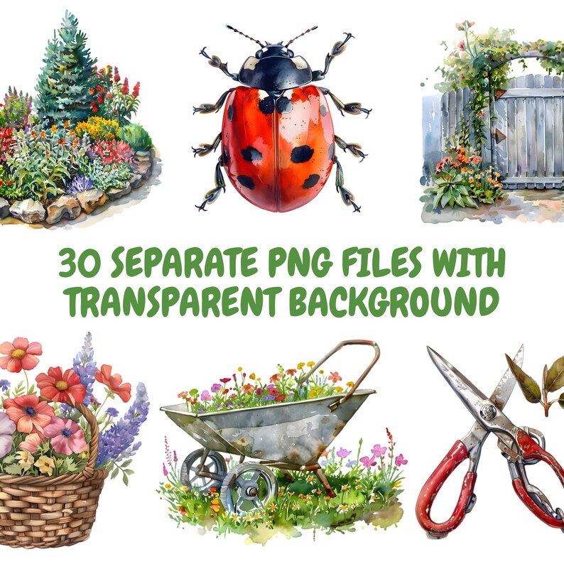 Pu&ograve; includere: Un set di 30 illustrazioni ad acquerello di elementi da giardino, tra cui una coccinella, un carretto pieno di fiori, un cancello da giardino, un cesto di fiori e un paio di forbici da giardino. Le illustrazioni hanno uno sfondo bianco.
