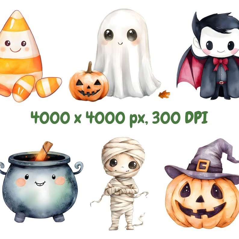 May include: Watercolor illustrations of Halloween characters including a candy corn, ghost, jack-o'-lantern, vampire, cauldron, mummy, and a pumpkin with a witch hat. The text "4000 x 4000 px, 300 DPI" is also included.