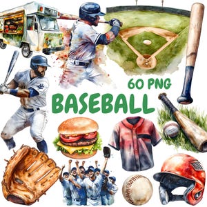 Paquete de imágenes prediseñadas de béisbol en acuarela, imágenes prediseñadas de jugadores de béisbol, ilustraciones de béisbol, gráficos PNG transparentes, uso comercial