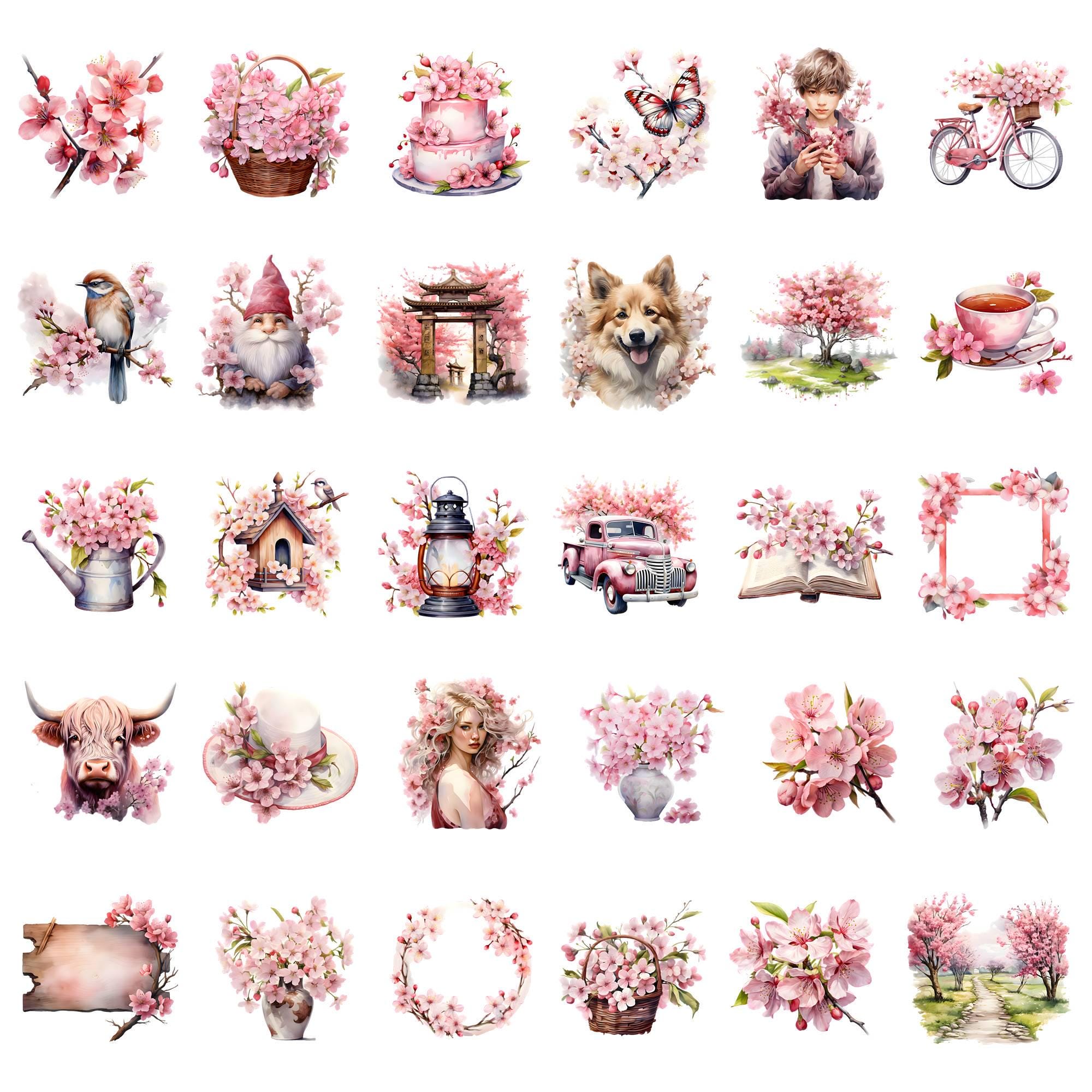 Watercolor Cherry Blossoms Clipart Bundle, Japanese Sakura Clipart ...