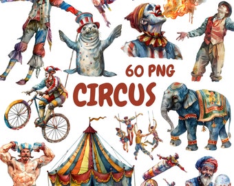Watercolor Circus Clipart Bundle, Carnival Show Clipart, Circus Illustrations, Transparent PNG Graphics, Commercial Use