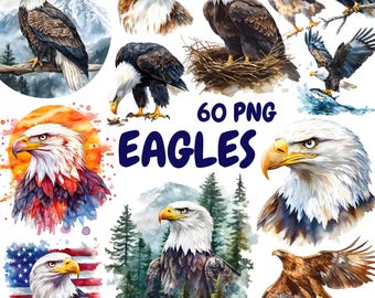 Watercolor Eagles Clipart Bundle, Bald Eagle Clipart, Eagle Illustrations, Transparent PNG Graphics, Commercial Use