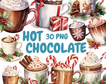 Watercolor Hot Chocolate Clipart Bundle, Chocolate Mug Clipart, Christmas Cocoa Graphics, Instant Digital Download For Commercial Use