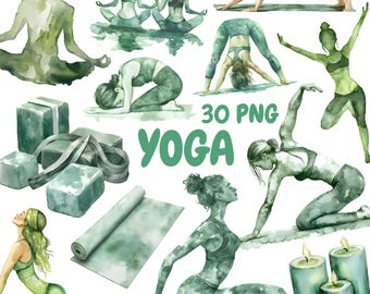 Watercolor Yoga Clipart Bundle, Yoga Poses Clipart, Meditation Illustrations, Transparent PNG Graphics, Commercial Use