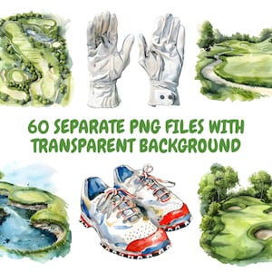 Pu&ograve; includere: Illustrazioni ad acquerello di green da golf, scarpe da golf e guanti da golf. Le illustrazioni sono su uno sfondo bianco.