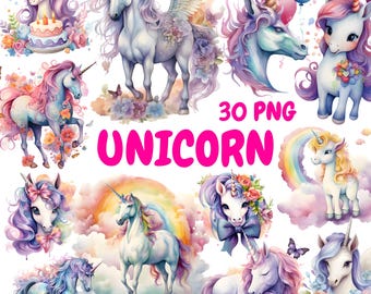 Watercolor Unicorn Clipart Bundle, Magic Unicorn Clipart, Unicorn Illustrations, Transparent PNG Graphics, Commercial Use