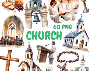 Aquarell Kirche Clipart Bundle, religiöses Gebäude Clipart, Bibelillustrationen, transparente PNG-Grafik, kommerzielle Nutzung