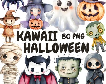 Watercolor Kawaii Halloween Clipart Bundle, Cute Halloween Clipart, Pastel Halloween Graphics, Instant Digital Download For Commercial Use