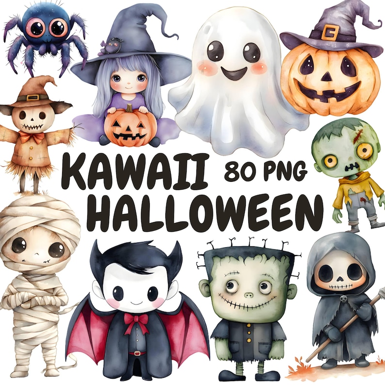 May include: Watercolor illustrations of Kawaii Halloween characters, including a spider, witch, ghost, pumpkin, zombie, scarecrow, mummy, vampire, Frankenstein's monster, and Grim Reaper. The text "KAWAII 80 PNG" is also included.