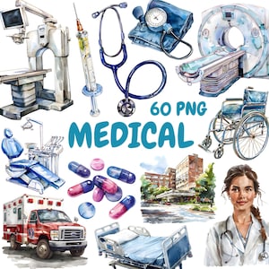 Aquarel medische clipartbundel, ziekenhuisgeneeskunde clipart, gezondheidszorgillustraties, transparante png-afbeeldingen, commercieel gebruik