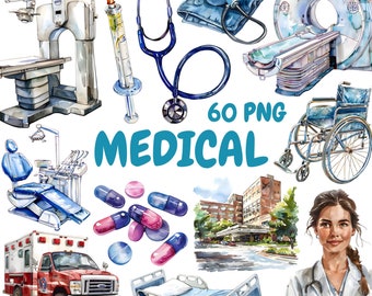 Watercolor Medical Clipart Bundle, Hospital Medicine Clipart, Healthcare Illustrations, Transparent PNG Graphics, Commercial Use