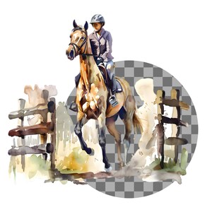 Op de afbeelding: Waterverfschilderij van een paard en ruiter die over een hek springen. Het paard is lichtbruin met donkere vlekken en de ruiter draagt een helm en paardrijkleding. Het hek is gemaakt van houten palen.