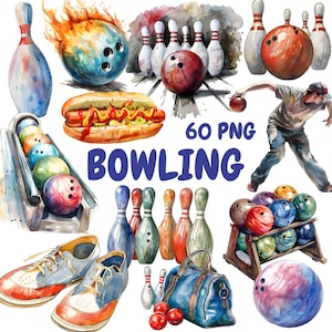 Aquarell Bowling Clipart Bundle, Spaß Sport Clipart, Bowling Illustrationen, transparente PNG Grafiken, kommerzielle Nutzung