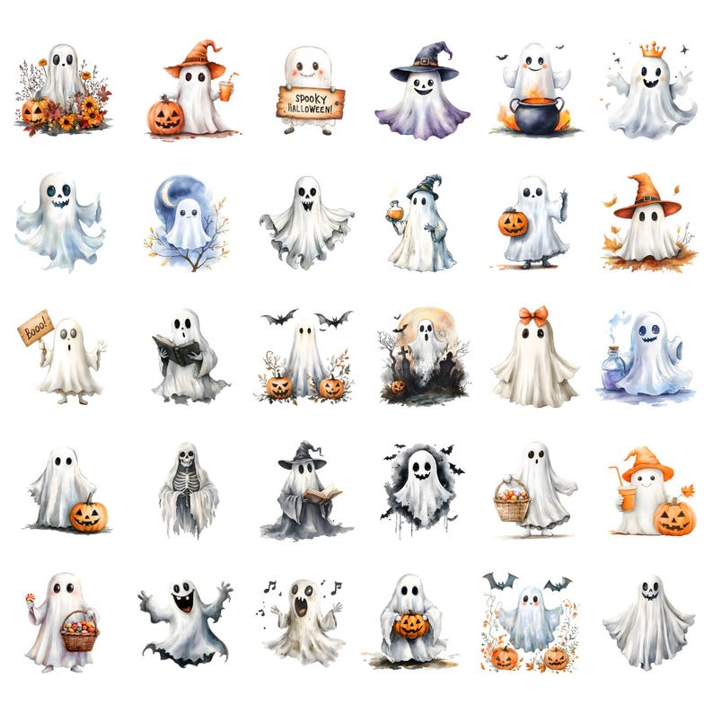 Puede incluir: Un conjunto de 30 ilustraciones de acuarela de fantasmas en varias poses y disfraces. Los fantasmas son todos blancos con diferentes acentos de color y sostienen varios objetos, como calabazas, libros y calderos. Las ilustraciones son perfectas para decoraciones de Halloween, manualidades y scrapbooking.