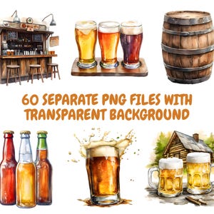 May include: Watercolor illustration of a bar with stools, a wooden barrel, and various beer bottles and glasses. The illustration includes the text "60 SEPARATE PNG FILES WITH TRANSPARENT BACKGROUND".