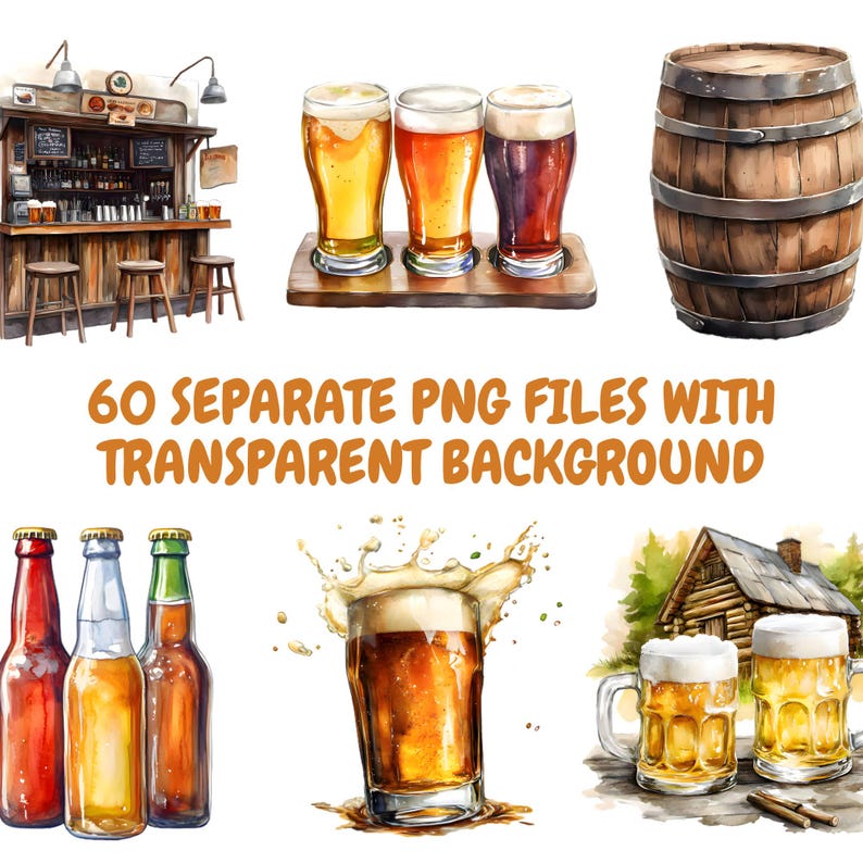 May include: Watercolor illustration of a bar with stools, a wooden barrel, and various beer bottles and glasses. The illustration includes the text "60 SEPARATE PNG FILES WITH TRANSPARENT BACKGROUND".