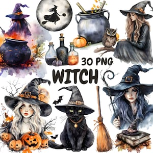 Bundle de cliparts sorcière aquarelle, clipart sorcière gothique, graphismes sorcière Halloween, téléchargement numérique instantané pour un usage commercial