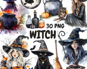 Watercolor Witch Clipart Bundle, Gothic Witch Clipart, Halloween Witch Graphics, Instant Digital Download For Commercial Use