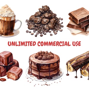 May include: An assortment of chocolate desserts and treats, including a hot chocolate with whipped cream, chocolate chips, chocolate bars, a layered cake, chocolate-covered candies, and chocolate-covered bananas. The image includes the text "UNLIMITED COMMERCIAL USE."