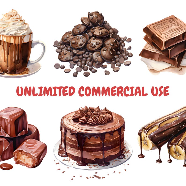 May include: An assortment of chocolate desserts and treats, including a hot chocolate with whipped cream, chocolate chips, chocolate bars, a layered cake, chocolate-covered candies, and chocolate-covered bananas. The image includes the text "UNLIMITED COMMERCIAL USE."