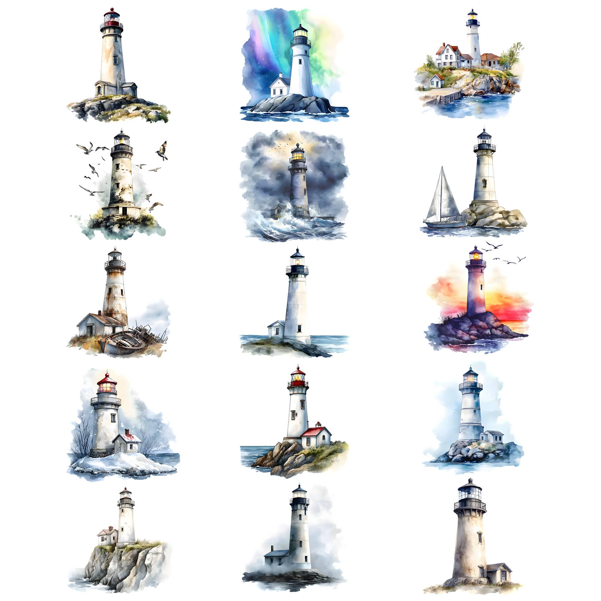 Watercolor Lighthouse Clipart Bundle, Beach House Clipart, Lighthouse ...