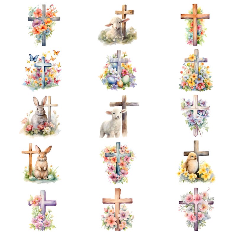 Paquete de imágenes prediseñadas de cruz de Pascua en acuarela, cruz de Pascua floral PNG, gráficos de Pascua, descarga digital instantánea para uso comercial imagen 8