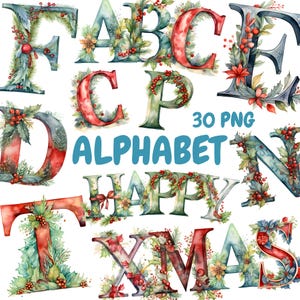 Watercolor Alphabet Clipart Bundle, Christmas Font Clipart, Greenery Letters Graphics, Instant Digital Download For Commercial Use