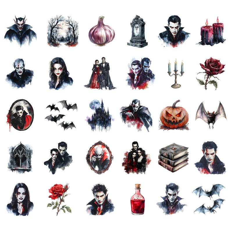 Puede incluir: Una colecci&oacute;n de 25 ilustraciones de acuarela con diferentes im&aacute;genes de Halloween y vampiros. Las ilustraciones incluyen murci&eacute;lagos, un vampiro, un castillo, una calabaza, una rosa, un bulbo de ajo, un cementerio, un candelabro, una botella de poci&oacute;n y m&aacute;s.