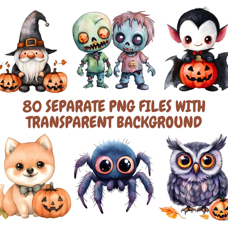 May include: Watercolor illustrations of Halloween characters, including a gnome, zombies, a vampire, a dog, a spider, and an owl. Each character is holding or near a carved pumpkin. Text reads: "80 SEPARATE PNG FILES WITH TRANSPARENT BACKGROUND."