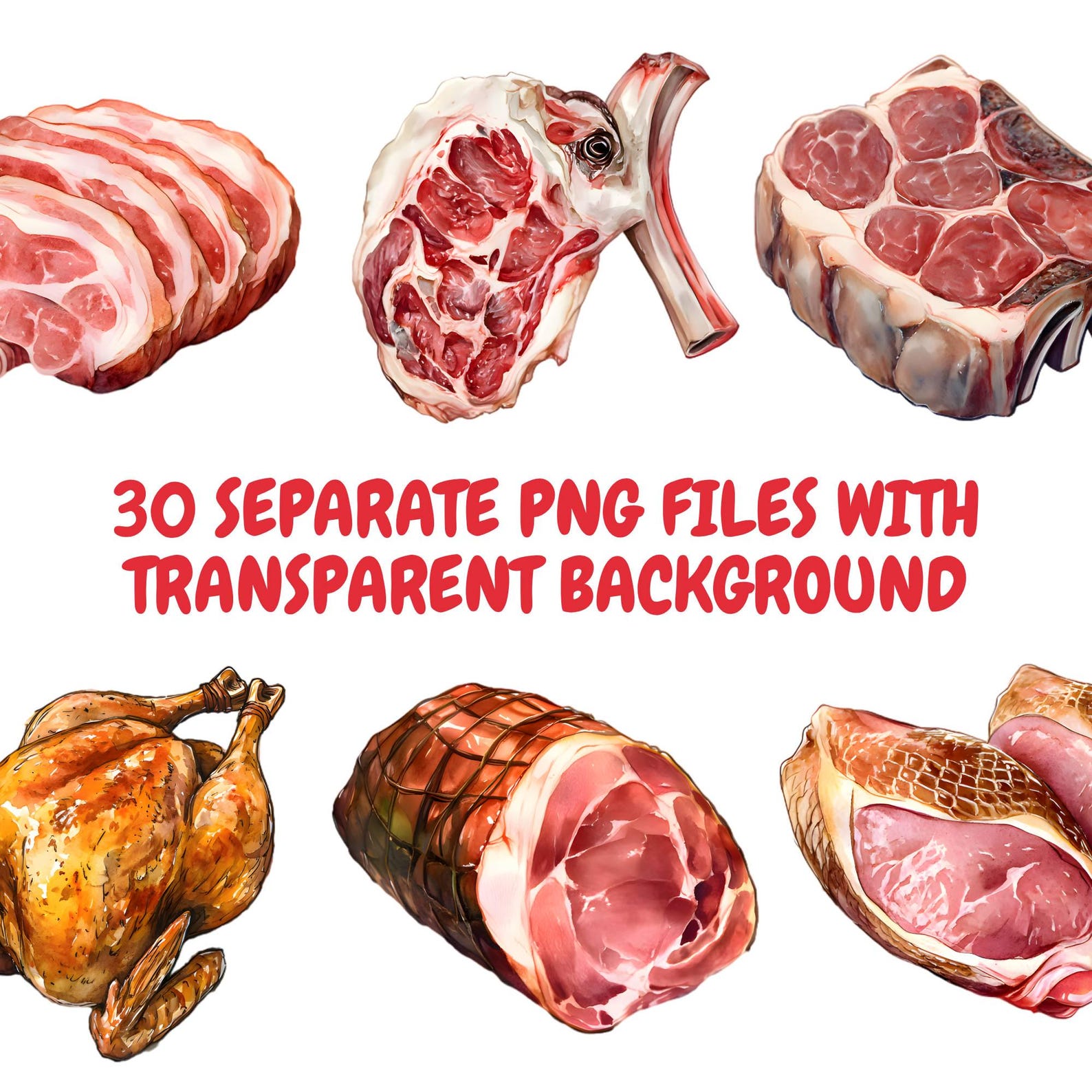 Wrapped Meat Graphics Watercolor Meat Clipart Bundle, Butcher Shop Clipart, Carnivore ...