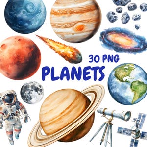 Aquarel planeten clipartbundel, zonnestelsel clipart, ruimteillustraties, transparante png-afbeeldingen, commercieel gebruik
