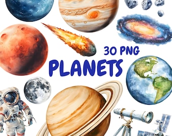Watercolor Planets Clipart Bundle, Solar System Clipart, Space Illustrations, Transparent PNG Graphics, Commercial Use