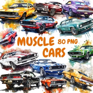 Bundle di clipart di auto muscolose ad acquerello, clipart di auto d'epoca, illustrazioni di auto, grafica PNG trasparente, uso commerciale