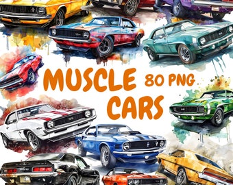 Bundle de cliparts aquarelle Muscle Cars, clipart voiture classique, illustrations de voitures, graphiques PNG transparents, usage Commercial