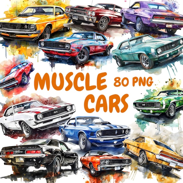 Watercolor Muscle Cars Clipart Bundle, Classic Car Clipart, Car Illustrations, Transparent PNG Graphics, Commercial Use