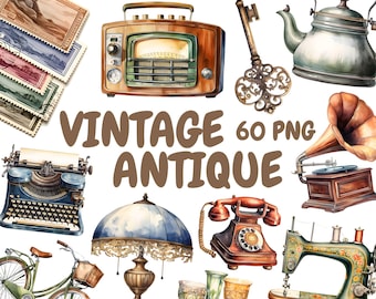 Aquarel vintage antieke clipartbundel, antieke telefoon clipart, typemachine illustraties, transparante png-afbeeldingen, commercieel gebruik