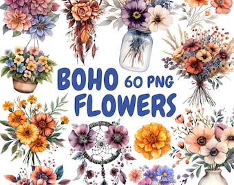 Watercolor Boho Flowers Clipart Bundle, Bohemian Flowers Clipart, Floral Illustrations, Transparent PNG Graphics, Commercial Use