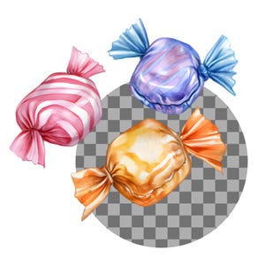 May include: Three wrapped candies, one pink and white striped, one blue with a swirl pattern, and one yellow with a clear wrapper.