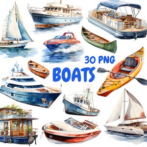 Puede incluir: Ilustración en acuarela de varios barcos, incluyendo veleros, lanchas motoras, un kayak y una canoa. La imagen presenta una variedad de embarcaciones en diferentes colores y estilos, con el texto "30 PNG BOATS" en azul.