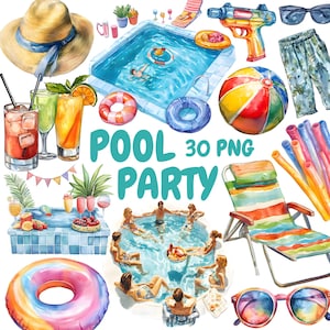 Watercolor Pool Party Clipart Bundle, Beach Ball Clipart, Summer Illustrations, Transparent PNG Graphics, Commercial Use