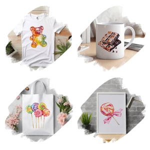 May include: Four different products featuring watercolor illustrations of candy: a white t-shirt with a gummy bear, a white tote bag with colorful lollipops, a white mug with a chocolate bar, and a framed print with a pink lollipop.