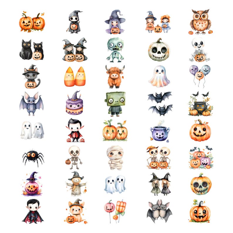 May include: A collection of watercolor illustrations featuring Halloween-themed characters and objects. The images include pumpkins, ghosts, bats, cats, witches, and other spooky figures in various poses and designs. The color palette is dominated by orange, black, purple, and white.