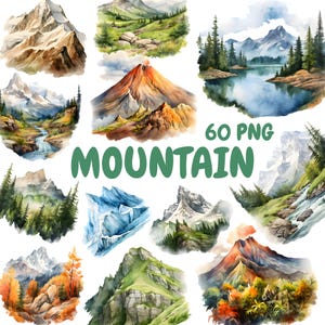Paquete de imágenes prediseñadas de montaña en acuarela, imágenes prediseñadas de paisajes naturales, ilustraciones de montañas, gráficos PNG transparentes, uso comercial