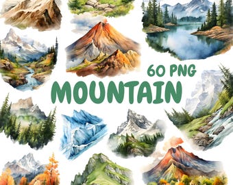 Akvarell berg Clipart-paket, naturlandskap Clipart, bergsillustrationer, transparent PNG-grafik, kommersiellt bruk